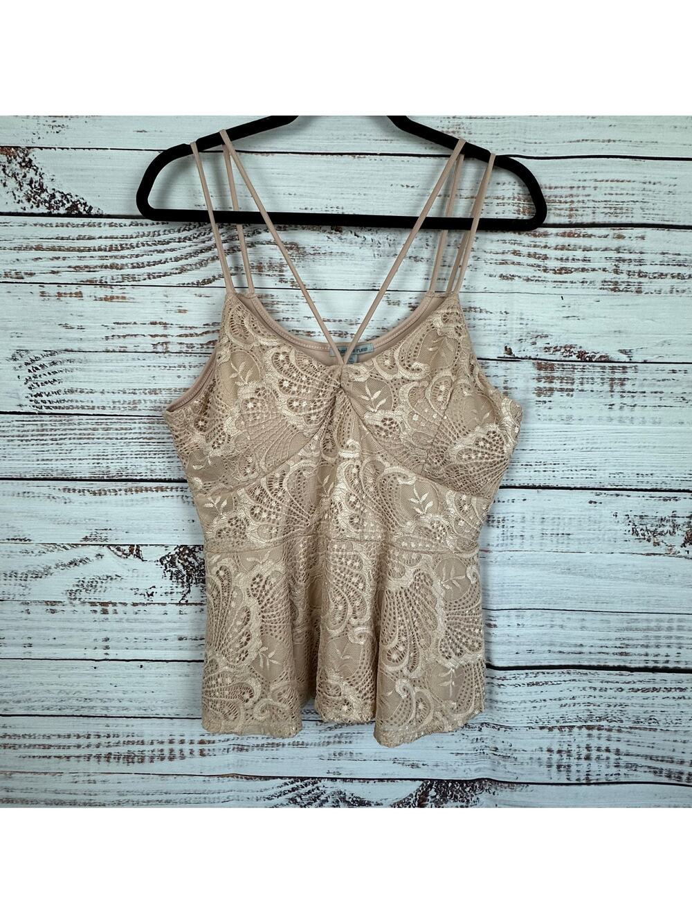 Women's Y2k Charlotte Ruse Nude Tan Lace Criss Cross Strap Cami Tank Top XL